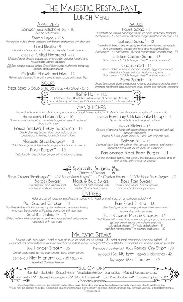 Lunch Menu | The Majestic Restaurant and Jazz Club