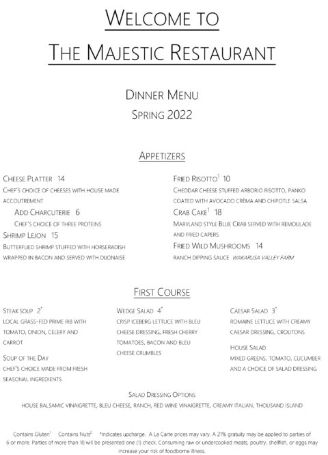 Dinner Menu | The Majestic Restaurant and Jazz Club